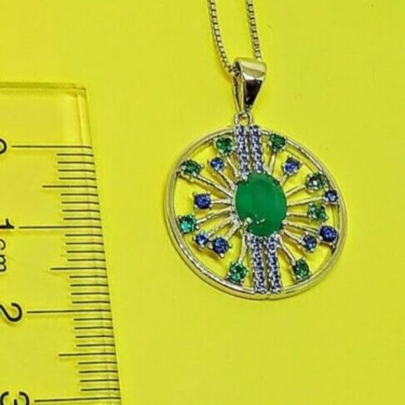 Natural Green Agate & CZ 925 Sterling Silver Necklace - Picture 5 of 7